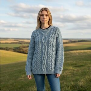 The Wool Studio Oversized Cable Knit Pullover Chunky Sweater, Cozy Blue, Size L